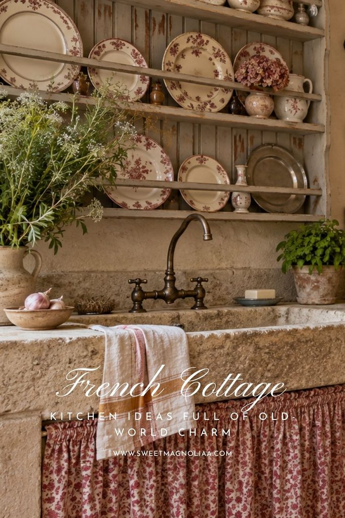 French cottage kitchen with an antique stone sink, open plate rack, red floral French pottery, brass faucet and patterned fabric sink skirt.