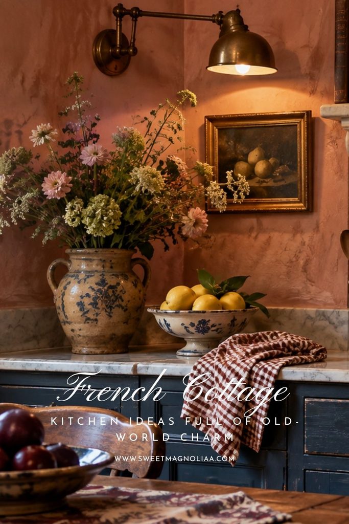 French cottage kitchen with warm terracotta plaster walls, deep blue cabinets, blue and white pottery, vintage artwork and fresh flowers.