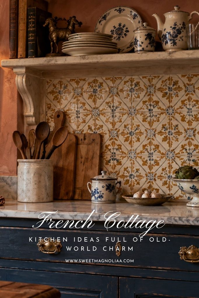 French cottage kitchen with patterned tile backsplash, deep blue cabinets, marble countertops, wooden cutting boards, vintage utensils and blue-and-white pottery.