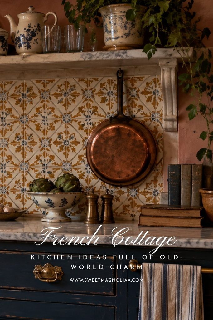 French cottage kitchen with patterned ochre and blue tile backsplash, copper pan, blue cabinetry, marble countertop and vintage French pottery.