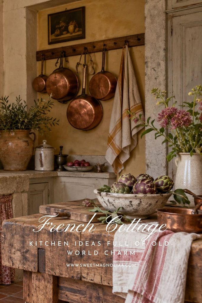 Old-world French cottage kitchen with a rustic butcher-block worktable, hanging copper pans, aged plaster walls, vintage still-life art, pottery, artichokes and striped linen.