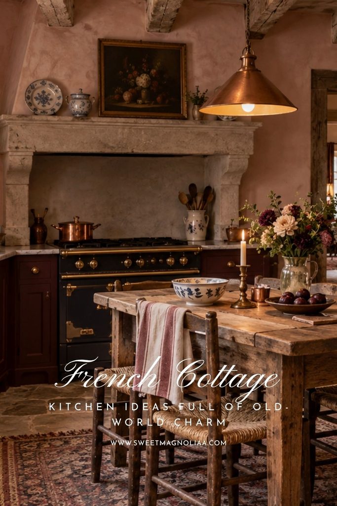 Rustic French cottage kitchen with an antique farmhouse table, stone cooking surround, burgundy cabinets, exposed wood beams and copper pendant lighting.