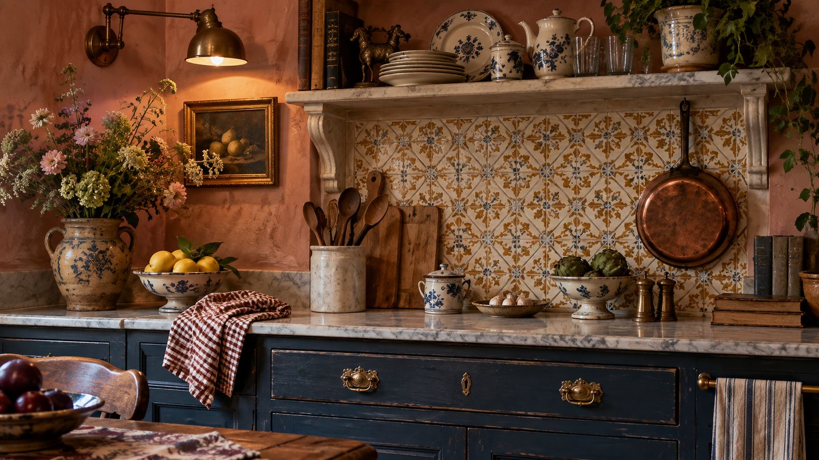 French cottage kitchen with deep blue cabinetry, patterned tile backsplash, marble countertops, copper cookware, blue-and-white pottery, vintage still-life art and warm terracotta plaster walls.