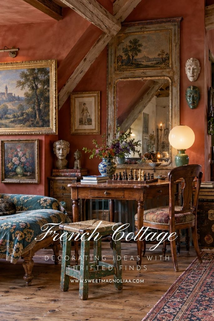 French cottage room with an antique wood desk, vintage paintings, aged mirror, floral upholstery, books, decorative busts and eclectic thrifted finds.