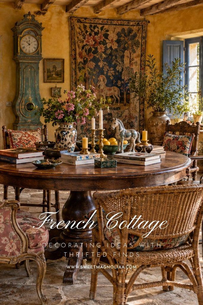 French cottage dining room with a rustic round wood table, mismatched vintage chairs, floral tapestry, antique blue clock, pottery, books and collected thrifted decor.