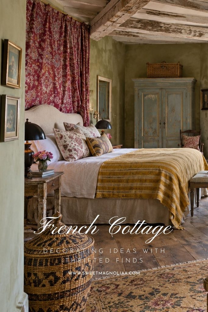French cottage bedroom with vintage patterned textiles, a faded blue armoire, antique wood furniture, floral cushions and a warm ochre bedspread.