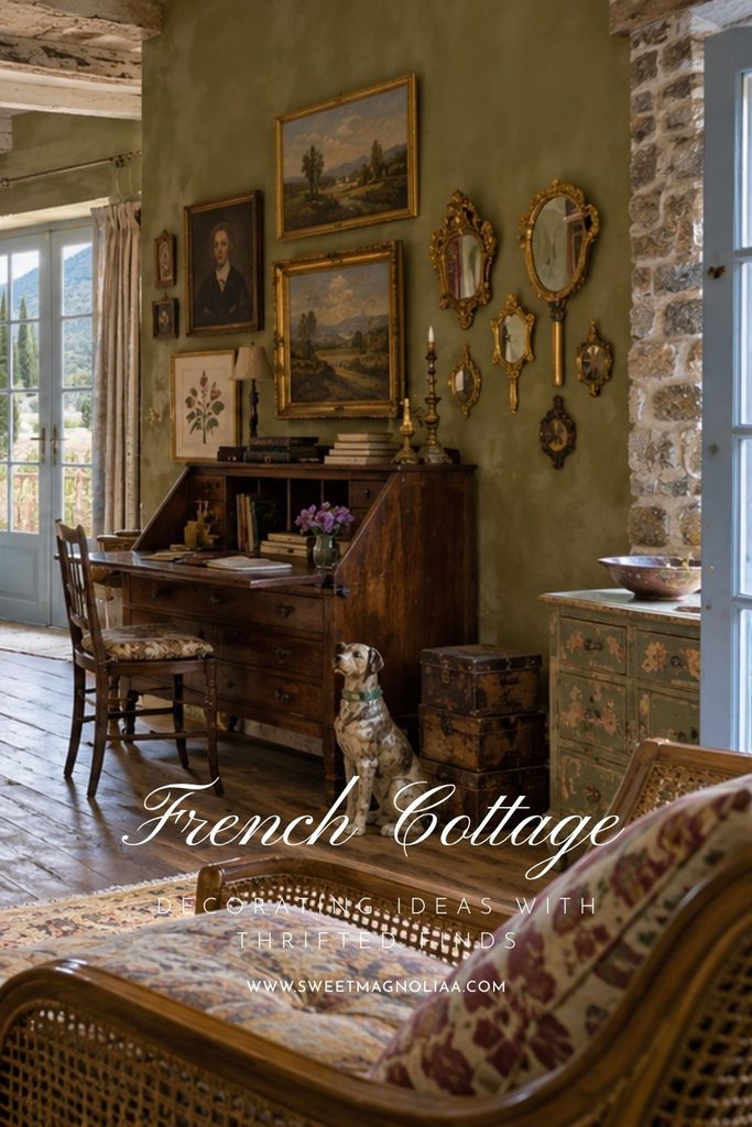 French cottage interior with an antique secretary desk, gallery of vintage paintings and gilded mirrors, old books, stacked trunks and a distressed painted chest.