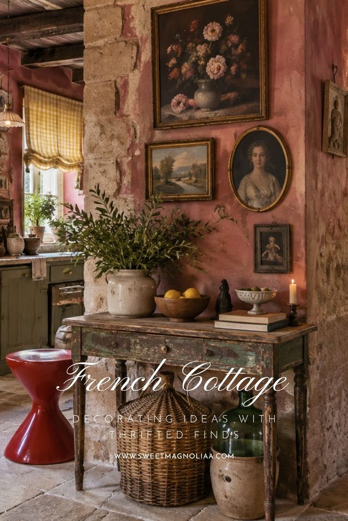 French cottage interior with a weathered vintage console, thrifted floral and portrait artwork, pottery, baskets and collected antique decor.