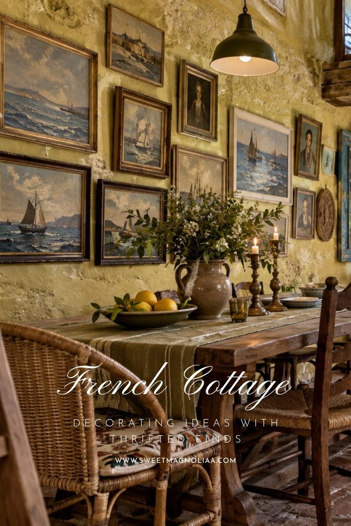 French cottage dining room with a gallery wall of vintage seascape paintings, rustic wood table, pottery and mismatched thrifted chairs.