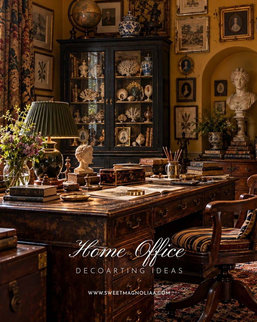 Vintage home office with a large antique wooden desk, black glass-front display cabinet, classical busts, framed artwork, mustard walls, and patterned rug.