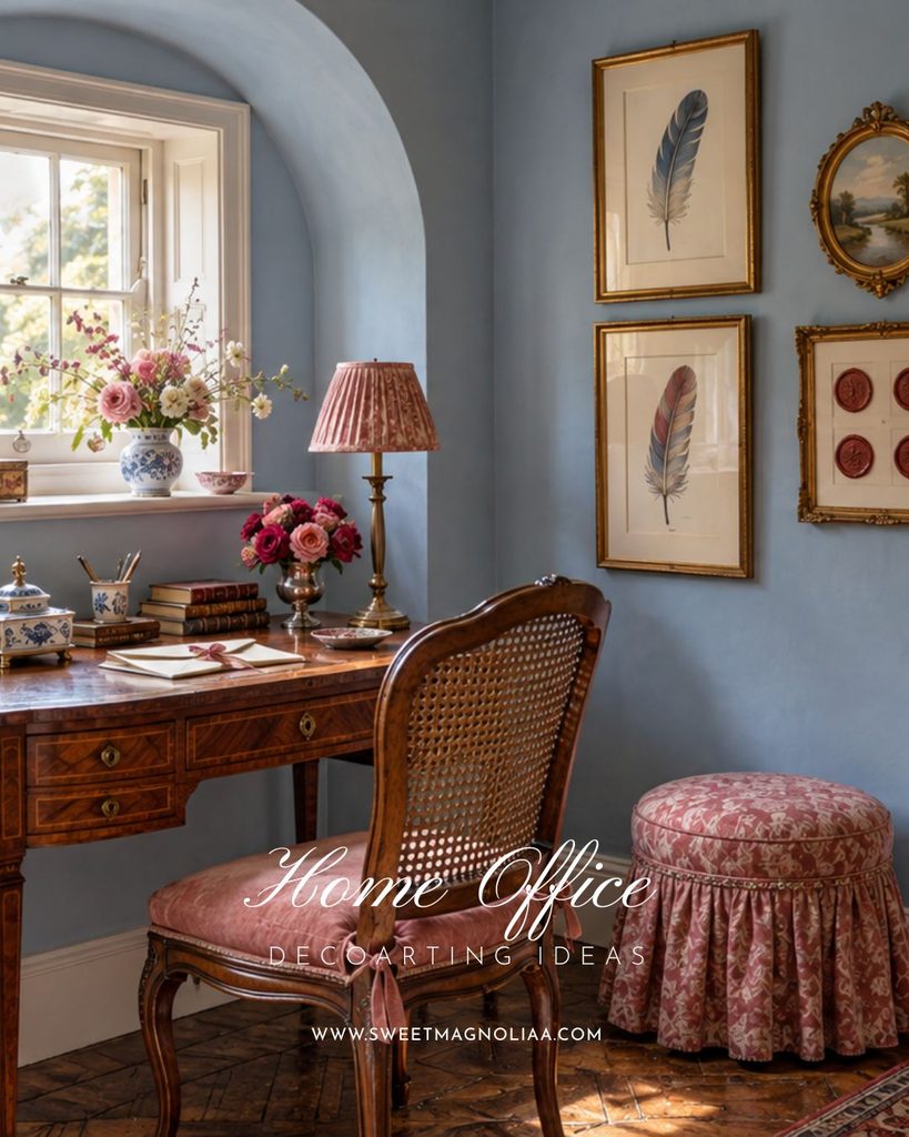 Romantic home office with powder-blue walls, an antique inlaid wooden desk, cane-backed chair, pink pleated lamp, floral ottoman, and gold-framed artwork.