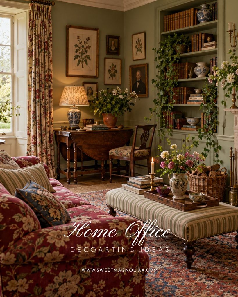 Cozy English cottage home office with a vintage drop-leaf desk, sage green bookshelves, floral curtains, patterned sofa, botanical prints, and antique decor.