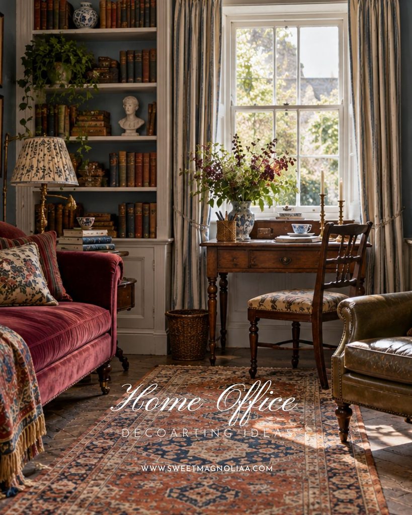 Cozy home office with a vintage writing desk by a sunny window, built-in bookshelves, raspberry velvet sofa, floral curtains, and traditional patterned rug.