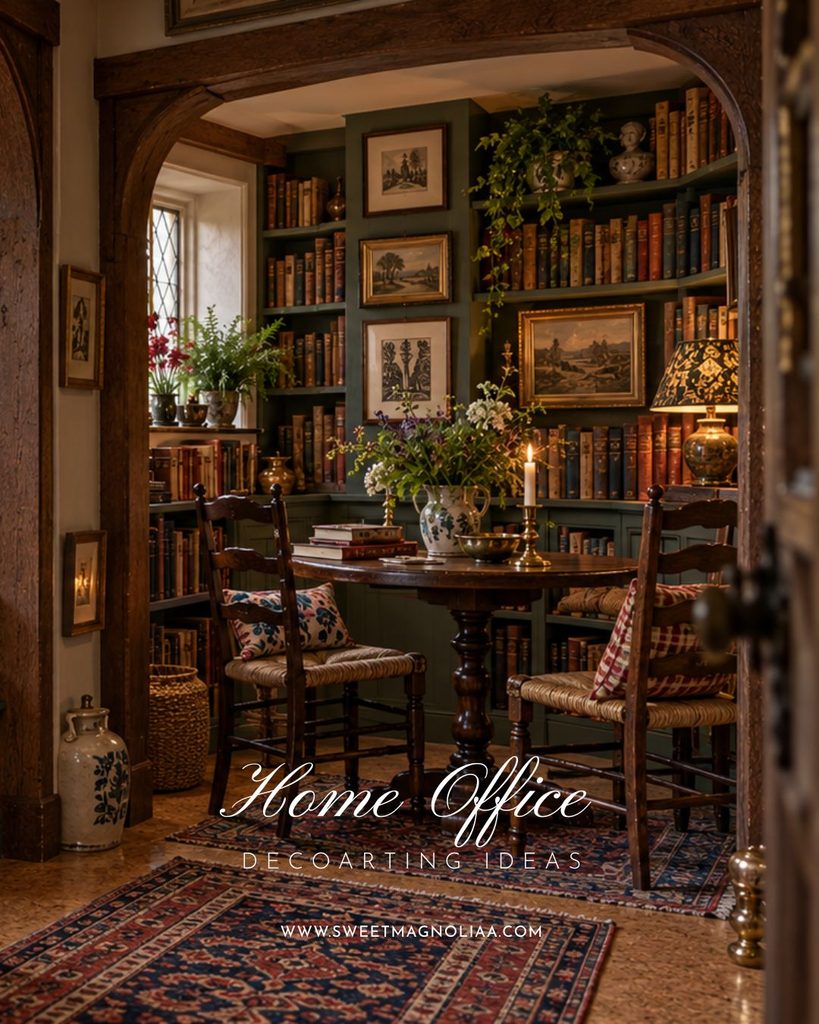 Cozy cottage home office with sage-green bookshelves, a round antique wooden table, rush-seat chairs, vintage paintings, a patterned rug, and timber archway.