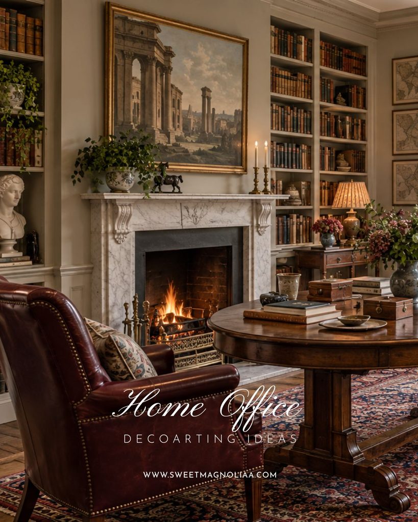 Traditional home office with a marble fireplace, round antique wooden table, burgundy leather armchair, built-in bookshelves, and Persian-style rug.