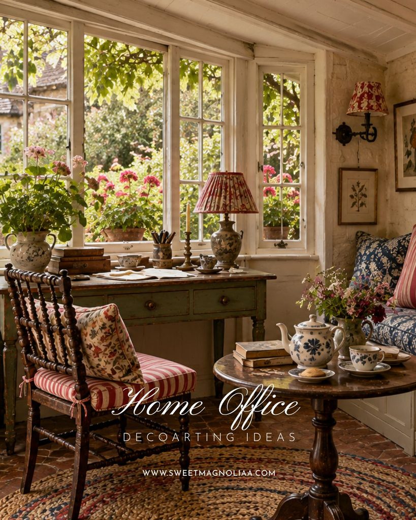 Sunlit cottage home office with a weathered sage-green writing desk, garden windows, striped chair, blue-and-white porcelain, floral lamps, and vintage decor.