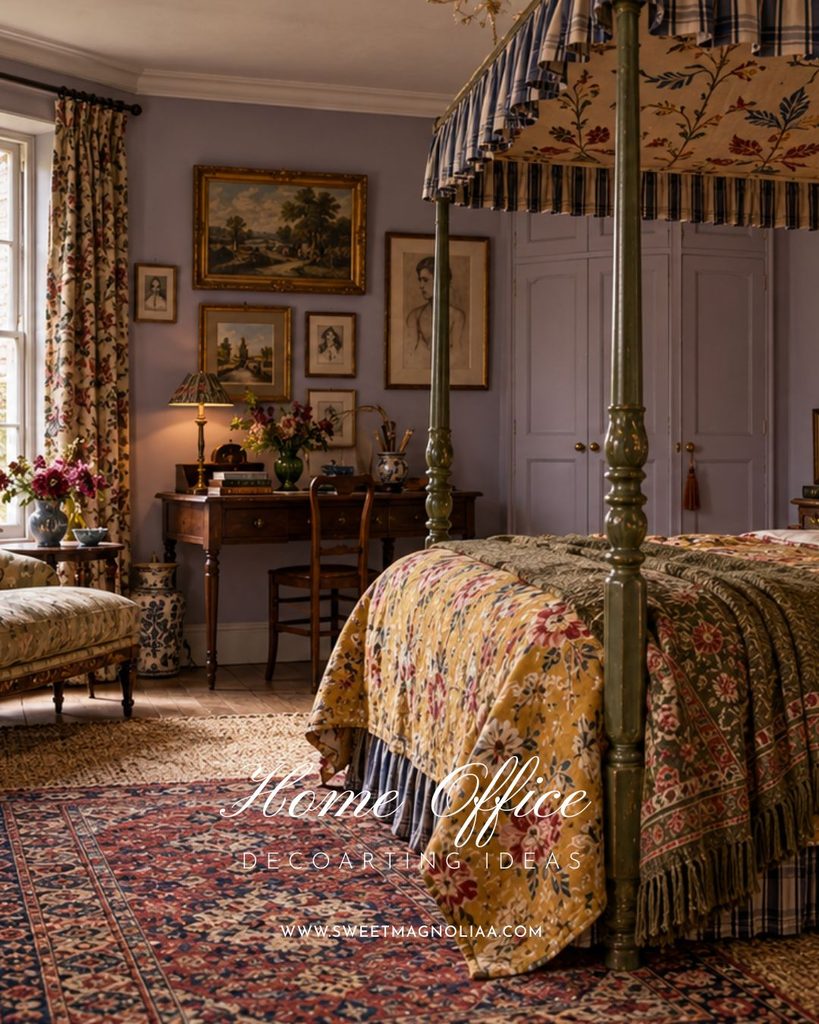 Romantic cottage bedroom with a vintage home office desk, lavender walls, floral four-poster bed, antique artwork, patterned rug, and cozy writing corner.