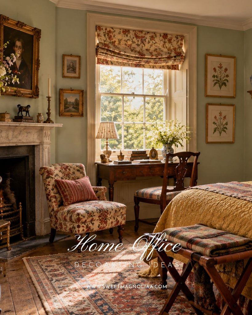 Romantic cottage bedroom with a vintage writing desk by a sunny window, floral Roman shade, sage green walls, botanical prints, and upholstered armchair.