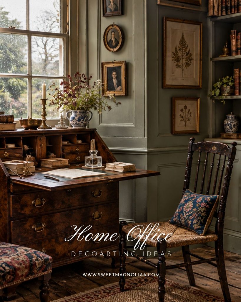 Cozy vintage home office with an antique wooden writing bureau, sage green paneled walls, botanical artwork, blue and white porcelain, and a woven chair.