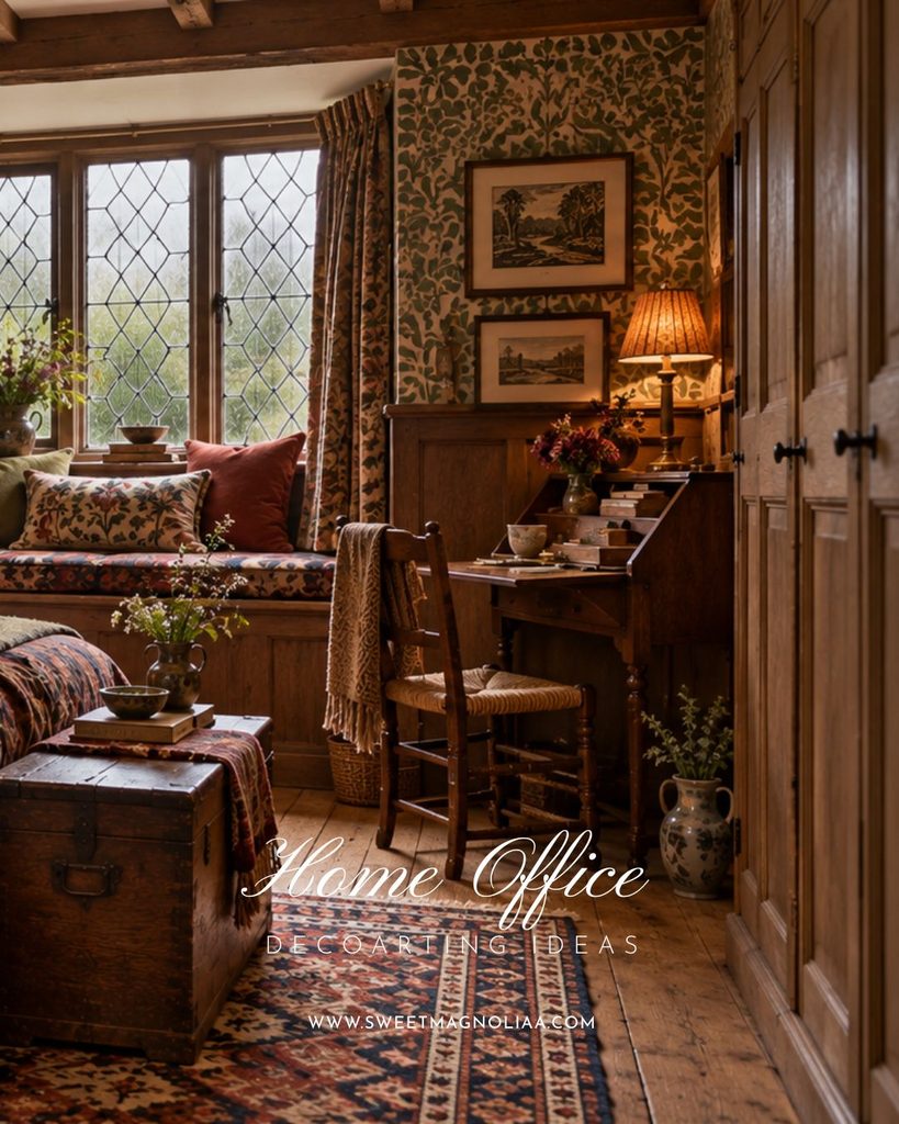 Cozy English cottage home office with an antique secretary desk, botanical wallpaper, diamond-pane windows, cushioned window seat, and vintage patterned rug.