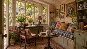 Cozy cottage home office with a sage-green vintage desk, floral window seat, garden-facing windows, blue-and-white porcelain, and warm rustic decor.