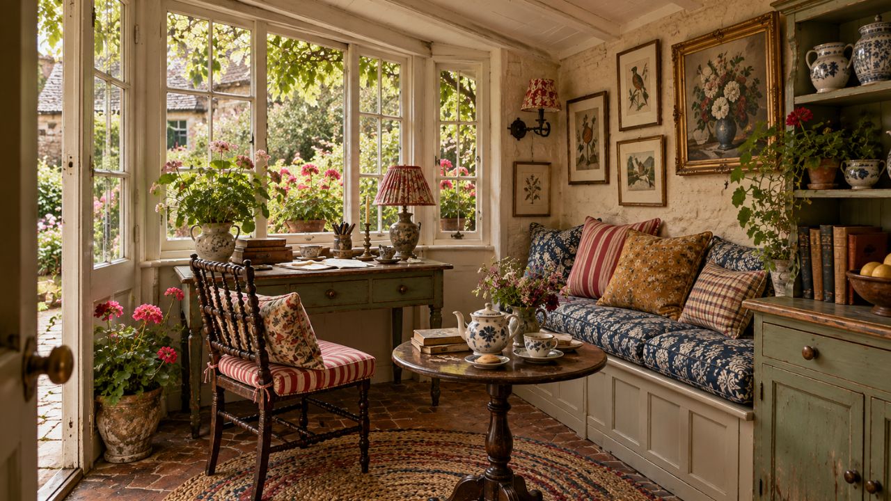 Cozy cottage home office with a sage-green vintage desk, floral window seat, garden-facing windows, blue-and-white porcelain, and warm rustic decor.