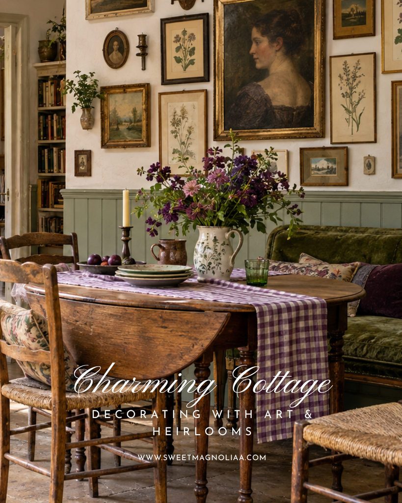 Alt text: Cottage-style dining room with a collected gallery wall of vintage portraits, botanical prints and landscape art, layered with rustic wood furniture, an olive green velvet sofa, purple gingham table linen and fresh flowers.