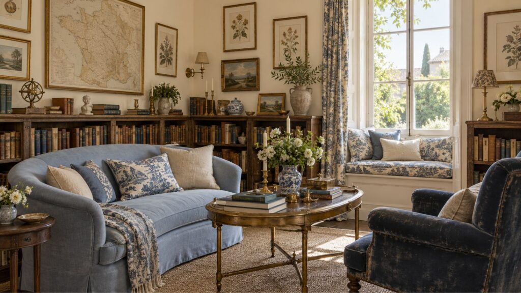 Blue and white French country living room decor featuring a pale blue sofa, floral window seat, antique bookshelves, brass coffee table, and vintage artwork.
