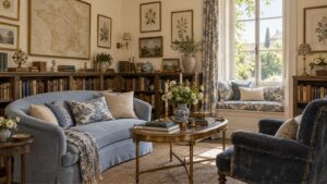 Blue and white French country living room decor featuring a pale blue sofa, floral window seat, antique bookshelves, brass coffee table, and vintage artwork.