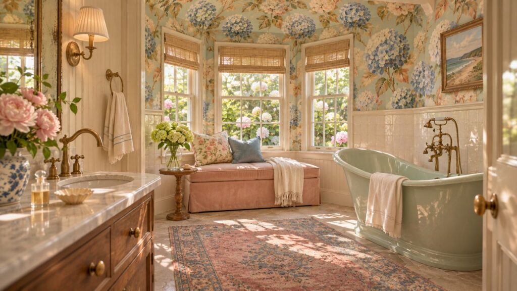 Blue hydrangea peel and stick wallpaper in a cozy cottage bathroom remodel with a sage slipper tub, pink window seat, brass taps and a marble-topped wood vanity