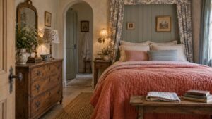 French cottage bedroom with coral quilted bedding, blue toile curtains, vintage wood furniture, soft blue accents, and collected antique decor.