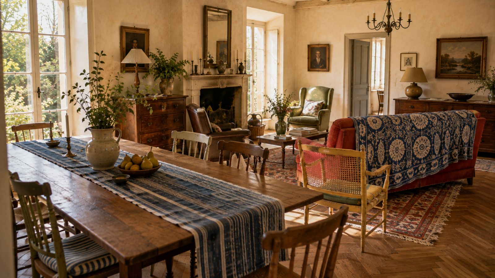 French country decor with blue color accents, featuring an antique wood dining table, indigo textiles, vintage rugs, warm wood furniture, and collected seating.