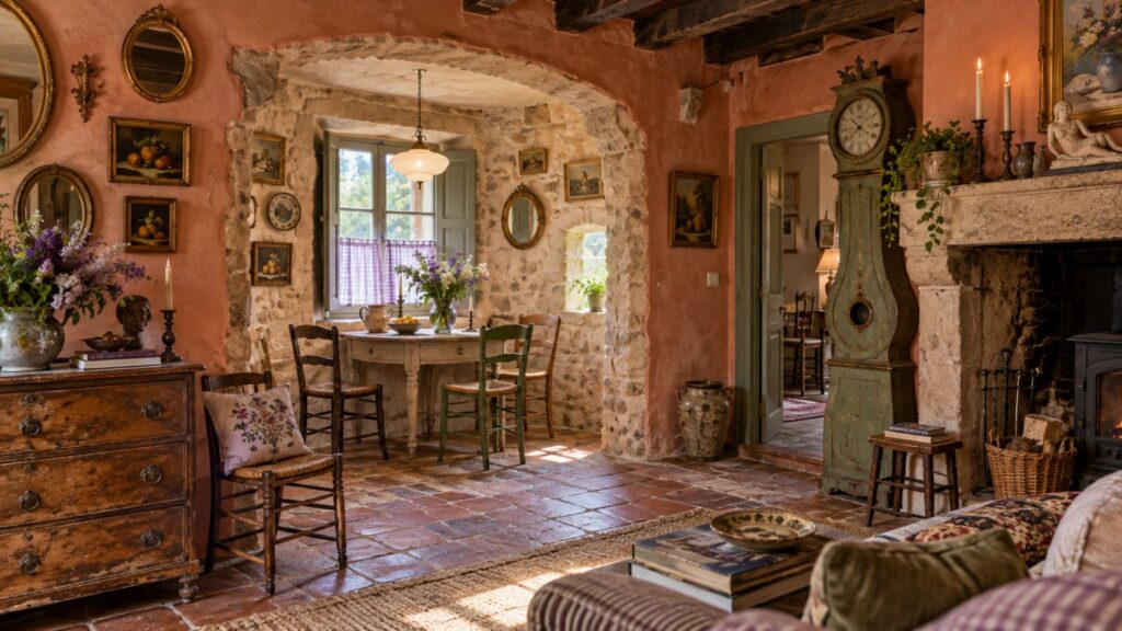 French cottage interior with warm terracotta walls, exposed stone, antique wood furniture, mismatched chairs, vintage artwork, a distressed painted clock and rustic fireplace.
