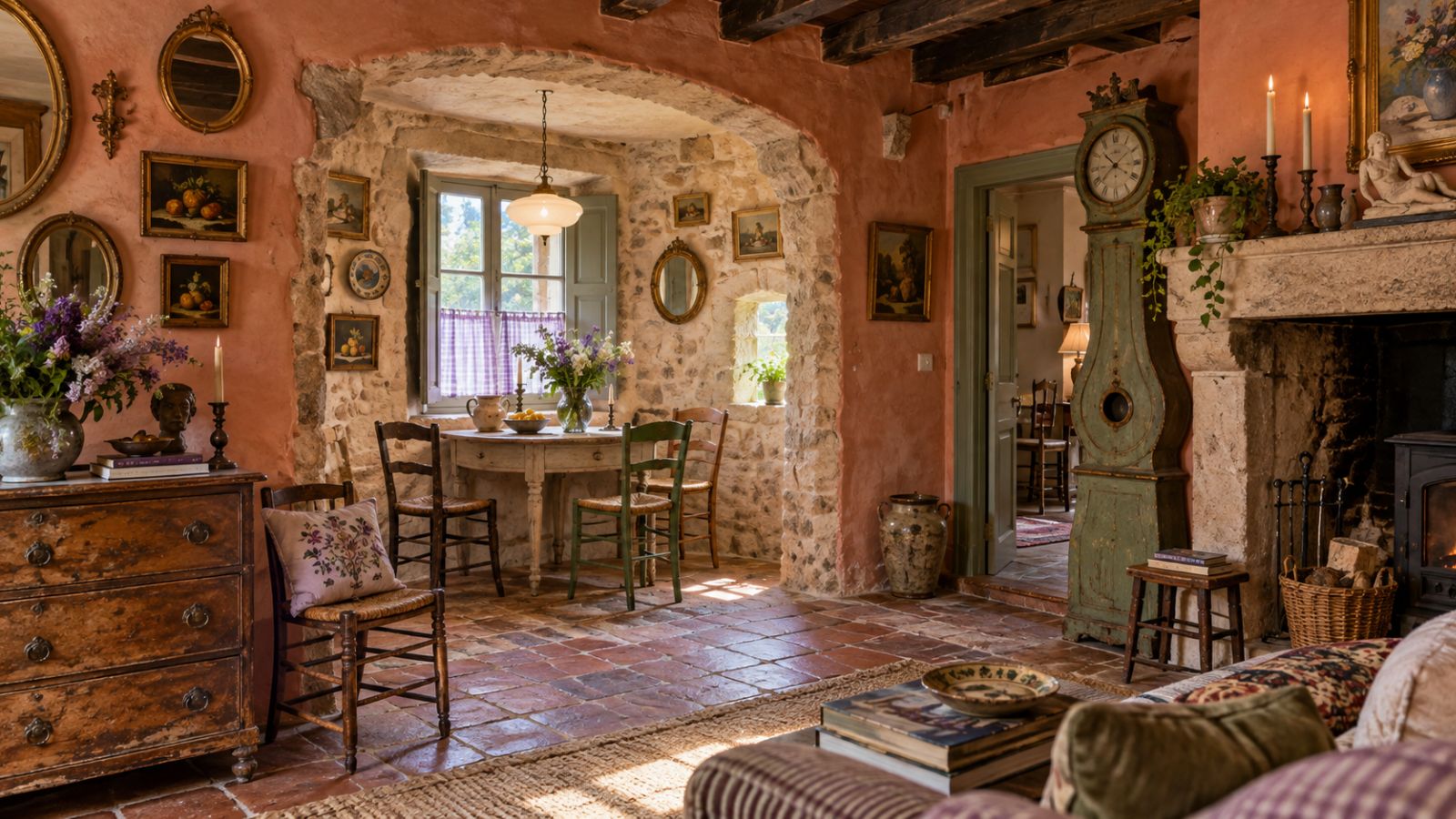 French cottage interior with warm terracotta walls, exposed stone, antique wood furniture, mismatched chairs, vintage artwork, a distressed painted clock and rustic fireplace.